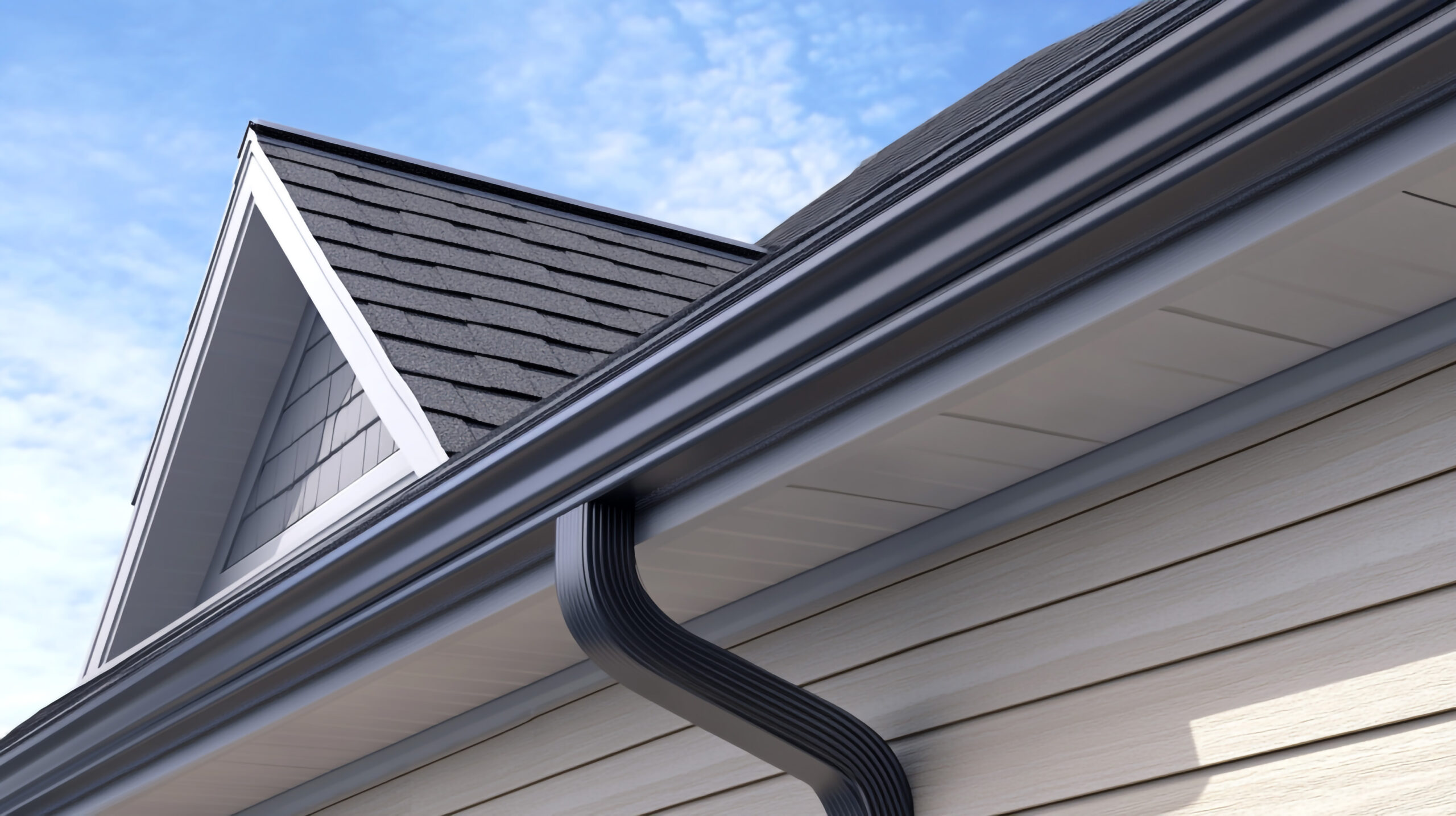 new home exterior gray gutters roof siding scaled